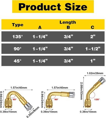 6Pcs Tire Valve Extension, 45°, 90°and 135° Metal Valve Stem Extensions Universal for Dual Wheels, Passenger Cars, RV, Bicycle, Motorcycle, Trailer (Gold & Silver) in Kuwait