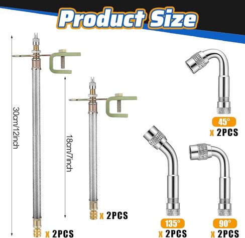10 PCS Stainless Steel Dually Valve Stem extender, Includes 4 Dual Tire Valve Extension (7",12") and 6 Valve Extender Adaptor(45°,90°,135°) for Cars Trucks Motorhome Trailer Rv Trailer Vehicle in Kuwait