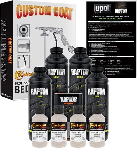 طقم بطانة سرير الشاحنة من U-POL Raptor GM باللون الأبيض من اليوريثان مع مسدس رش مخصص مع منظم، 4 لتر in Kuwait