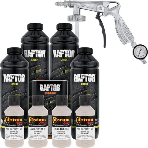 طقم بطانة سرير الشاحنة من U-POL Raptor GM باللون الأبيض من اليوريثان مع مسدس رش مخصص مع منظم، 4 لتر in Kuwait