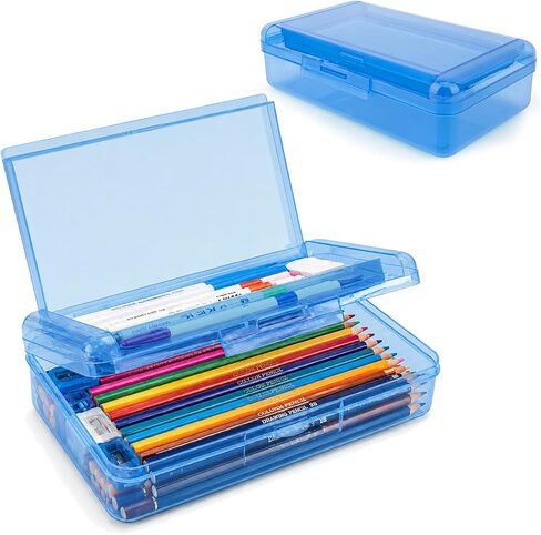 Pencil Box, Large Capacity Double Layer Pencil Case, 1 PCS Hard Pencil Case, Clear Crayon Box with Snap-tight Lid, Plastic Storage Box Art Craft Marker Organizer for Office School Supplies, Light Blue in Saudi Arabia
