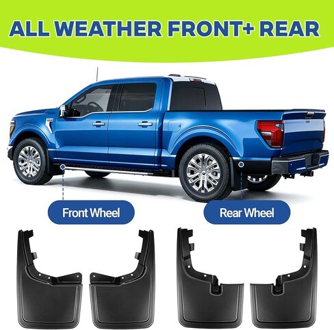 اللوحات الطينية لـ Ford F150 2026 2025 2024 2023 2022 2021، واقيات الطين الأمامية والخلفية المحسنة تناسب ملحقات F150، جميع واقيات حماية الطقس سبلاش 4 قطع مجموعة بدون تركيب مثقاب OEM درابزين in Kuwait