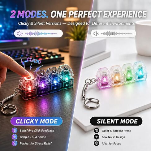 قطعتان من لعبة لوحة المفاتيح - سلسلة مفاتيح Clicky & Silent Clicker مع ضوء LED - لعبة تخفيف التوتر للتركيز والهدوء في العمل أو الدراسة - مثالية للمكتب والمدرسة والسفر in Kuwait