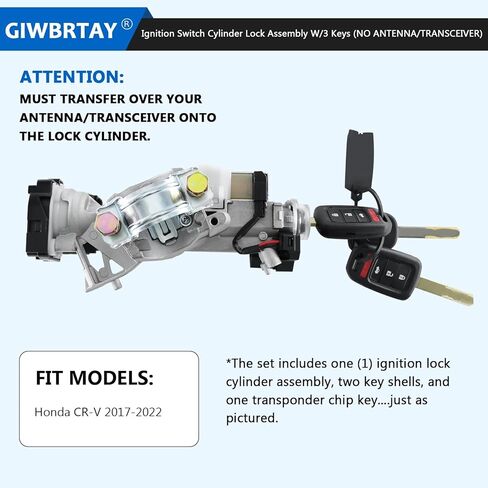 Compatible with Honda CRV 2017 2018 2019 2020 2021 2022 Ignition Lock Cylinder Switch Assembly (NO TRANSCEIVER) with Two Keys Shells (NO Electronics, ONLY Key Shells) and One Transponder Chip Key in Kuwait