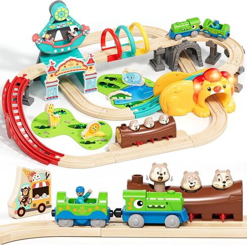 Lehoo Castle Wooden Train Set - Train Track Set with Battery-Operated Dinosaur Train, Lion Tunnel Lights & Sounds, Train Toy Birthday Gift for Boys & Girls Ages 3-7 in Kuwait