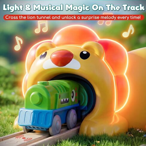 Lehoo Castle Wooden Train Set - Train Track Set with Battery-Operated Dinosaur Train, Lion Tunnel Lights & Sounds, Train Toy Birthday Gift for Boys & Girls Ages 3-7 in Kuwait