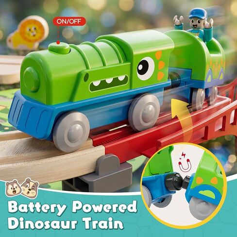 Lehoo Castle Wooden Train Set - Train Track Set with Battery-Operated Dinosaur Train, Lion Tunnel Lights & Sounds, Train Toy Birthday Gift for Boys & Girls Ages 3-7 in Kuwait