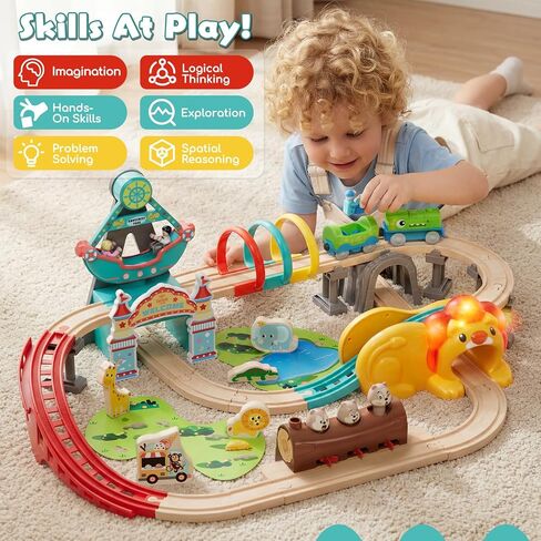 Lehoo Castle Wooden Train Set - Train Track Set with Battery-Operated Dinosaur Train, Lion Tunnel Lights & Sounds, Train Toy Birthday Gift for Boys & Girls Ages 3-7 in Kuwait
