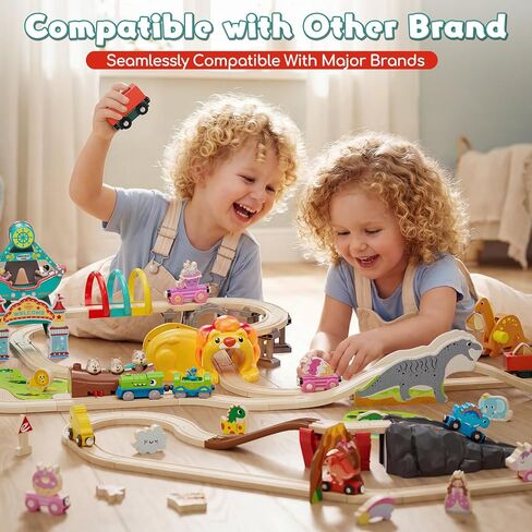Lehoo Castle Wooden Train Set - Train Track Set with Battery-Operated Dinosaur Train, Lion Tunnel Lights & Sounds, Train Toy Birthday Gift for Boys & Girls Ages 3-7 in Kuwait