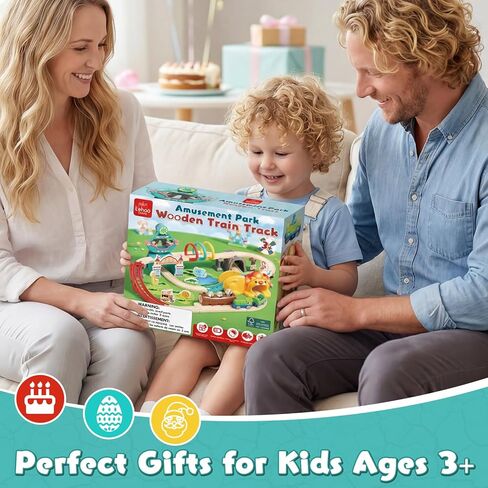 Lehoo Castle Wooden Train Set - Train Track Set with Battery-Operated Dinosaur Train, Lion Tunnel Lights & Sounds, Train Toy Birthday Gift for Boys & Girls Ages 3-7 in Kuwait