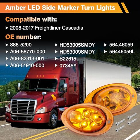 مصابيح إشارة الانعطاف الجانبية LED من العنبر متوافقة مع 2008-2017 Freightliner Cascadia، قطعتان من مصابيح التخليص المختومة من جانب الكابينة الأمامية تحل محل A0682313001 in Kuwait