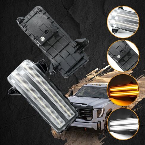 ROCCS LED أضواء إشارة الانعطاف المتتابعة باللون الكهرماني لـ 2020-2026 Chevy Silverado/GMC Sierra 2500HD 3500HD، أضواء علامة مرآة السحب الخلفية، مصابيح بيضاء لوقوف السيارات/الشحن، عدسات شفافة in Kuwait