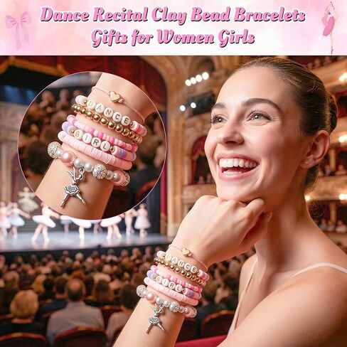 أساور Y1tvei Pink Dance Girls - 8 قطع هدايا حفلات رقص الباليه للنساء أساور خرز من الطين المطاطي لتزيين المعصم، مجوهرات ساحرة لحفلات راقصة الباليه مع هدايا بطاقات لحفلات أعياد ميلاد راقصات الباليه in Kuwait
