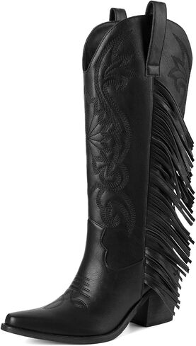 Cowgirl Boots Women Cowboy Boots Pointed Toe Chunky Heel Embroidered Fringe Pull on Wide-Calf Western Boot for Women in Saudi Arabia