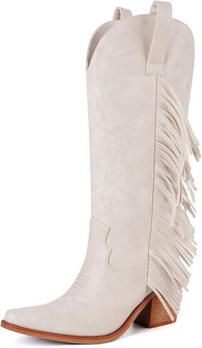 Womens Cowboy Boots Wide Calf Cowgirl Boots Knee High Western Boots with Embroidery and Fringe Pointed Toe Chunky Heel Pull On Retro Vintage Tall Boots Fashion Long Boots in Saudi Arabia