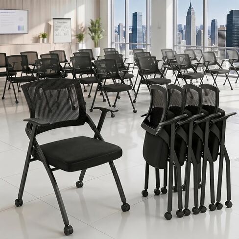 Heavy Duty Folding Office Chair with Breathable Mesh Back - Comfortable Padded Seat & Sturdy Frame for Conference Room, Training,Meeting,Classroom - Stackable Black Guest Reception Chair with Armrests in Kuwait