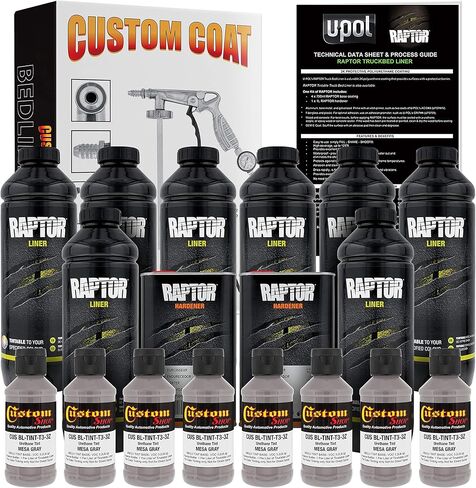 U-Pol Raptor Mesa Gray Urethane Spray-On Truck Bed Liner Kit and Custom Coat Spray Gun with Regulator, 8 Liters in Kuwait