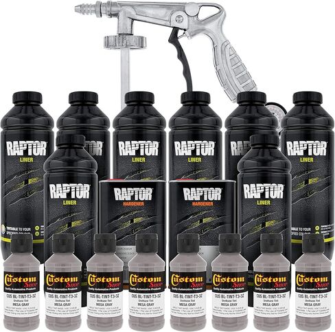 U-Pol Raptor Mesa Gray Urethane Spray-On Truck Bed Liner Kit and Custom Coat Spray Gun with Regulator, 8 Liters in Kuwait
