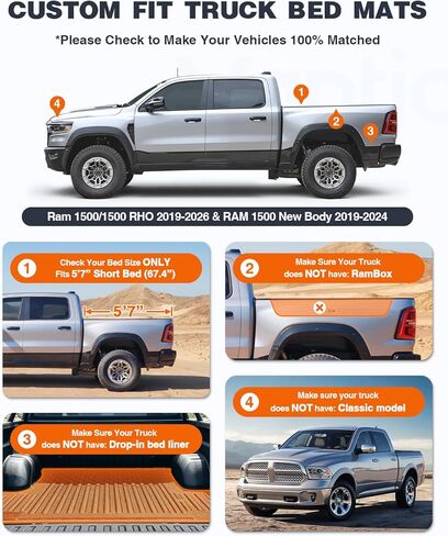 حصيرة سرير شاحنة 5.7FT لـ Ram 1500/1500 RHO 2019-2026 وRAM 1500 Classic 2019-2024 سرير قصير (5FT7 / 67.4 بوصة) ليست لرامبوكس، بطانة سرير شاحنة بضائع مناسبة لجميع الأحوال الجوية، أسود in Kuwait