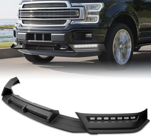 الشفة الأمامية مناسبة لسيارة Ford for F-150 2018-2020 LED طقم جسم سبويلر لأضواء التشغيل المتسلسلة، أسود غير لامع ABS شفة أمامية سبويلر طقم جسم الذقن الهوائي (لا تناسب مصد رابتور) in Kuwait