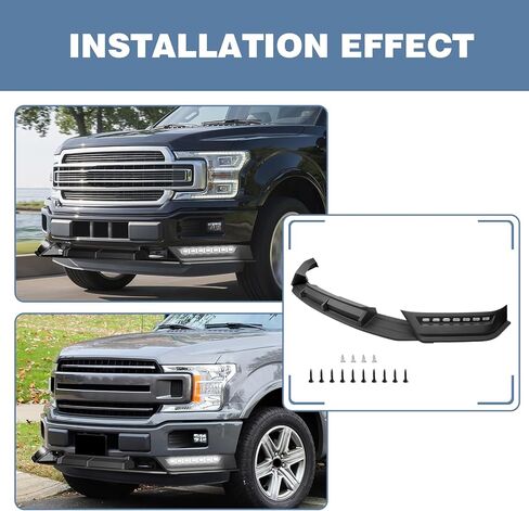 الشفة الأمامية مناسبة لسيارة Ford for F-150 2018-2020 LED طقم جسم سبويلر لأضواء التشغيل المتسلسلة، أسود غير لامع ABS شفة أمامية سبويلر طقم جسم الذقن الهوائي (لا تناسب مصد رابتور) in Kuwait
