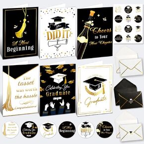12 Pack Gold Foil Graduation Cards 5 x 7 in with Envelopes and Sticker Seals, 6 Elegant Designs with Printed Messages Inside, Congrats Cards for High School & College Graduates, Gifting and Mailing in Saudi Arabia