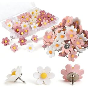 50 Pcs Flower Push Pins Cute Decorative Colorful Floral Thumb Tacks,Flower Decorative Pins and Tacks,Cork Board Thumbtacks for Bulletin Board Office Hanging Photo Poster Feature Wall (Pink+White) in Kuwait