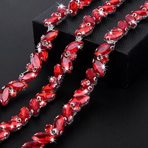 1 Yard Rhinestone Chain, 10MM Bling Rhinestone Trim, Leaf Shape Crystal Chain for Wedding Bouquet, Bridal Costume Embellishment, Party Decor, DIY Craft(Red) in Kuwait