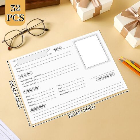 Motipuns 32 ورقة أوراق منظم تذكار المدرسة، استبيان الذاكرة المدرسية للأطفال K-12، أوراق تخزين تذكار نهاية العام، سجل معلومات الطالب، تتبع النمو الشخصي، الفصل الدراسي (بسيط) in Kuwait