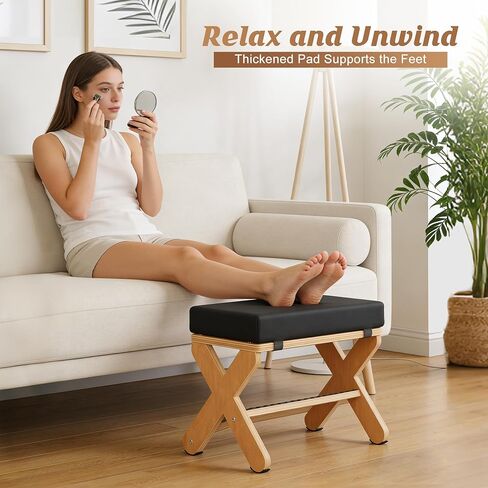 Wood X-Legs Foot Stool Ottoman, Multi-Purpose Small Ottoman with Pebble Massage Surface and Non-Slip Foot Pads，Sturdy Solid Wood Frame Padded Seat Footrest for Office，Living Room & Bedroom in Kuwait