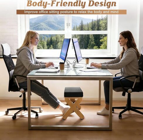 Wood X-Legs Foot Stool Ottoman, Multi-Purpose Small Ottoman with Pebble Massage Surface and Non-Slip Foot Pads，Sturdy Solid Wood Frame Padded Seat Footrest for Office，Living Room & Bedroom in Kuwait