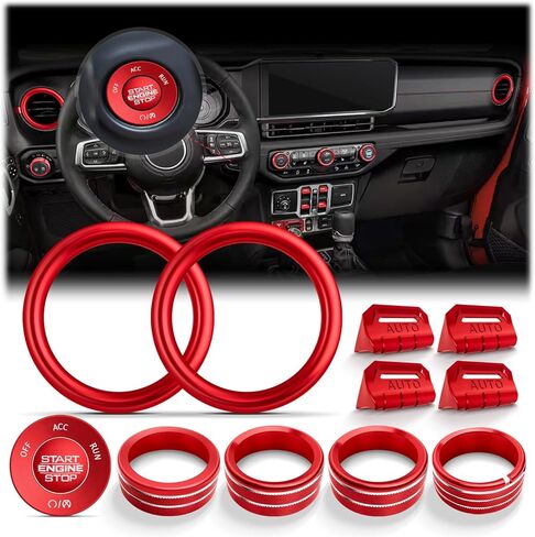 لملحقات 2018-2026 Jeep Wrangler JL/JLU & 2020-2026 Gladiator JT - مجموعة غطاء مقبض ألومنيوم 10 قطع (أحمر) لبدء التشغيل، التيار المتردد، الحجم، المصباح الأمامي وزر تبديل النافذة in Kuwait