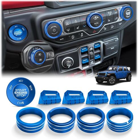 لملحقات 2018-2026 Jeep Wrangler JL/JLU & 2020-2026 Gladiator JT - مجموعة غطاء مقبض ألومنيوم 10 قطع (أحمر) لبدء التشغيل، التيار المتردد، الحجم، المصباح الأمامي وزر تبديل النافذة in Kuwait