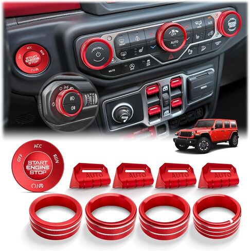 لملحقات 2018-2026 Jeep Wrangler JL/JLU & 2020-2026 Gladiator JT - مجموعة غطاء مقبض ألومنيوم 10 قطع (أحمر) لبدء التشغيل، التيار المتردد، الحجم، المصباح الأمامي وزر تبديل النافذة in Kuwait