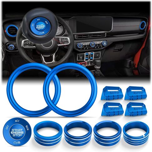 لملحقات 2018-2026 Jeep Wrangler JL/JLU & 2020-2026 Gladiator JT - مجموعة غطاء مقبض ألومنيوم 10 قطع (أحمر) لبدء التشغيل، التيار المتردد، الحجم، المصباح الأمامي وزر تبديل النافذة in Kuwait