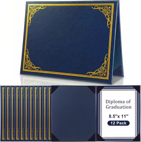 Tenare 12 Pcs Leather Certificate Holder 8.5 x 11 Inch Black Blue PU Diploma Cover with Gold Foil Border for Letter Phd Bachelor Master Diploma Award Folder for Graduation Competition Contest (Blue) in Kuwait