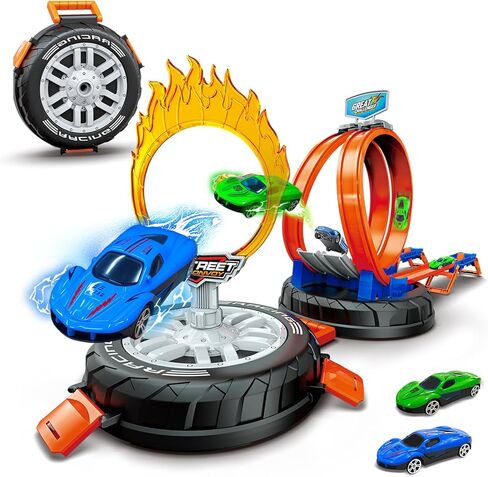 Race Car Track Set for Kids Ages 3-8，Transformable Tire Storage & Portable Handle into Race Course, Racing Toy Playset Birthday Gift for Kids Boys Girls in Kuwait