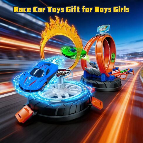 Race Car Track Set for Kids Ages 3-8，Transformable Tire Storage & Portable Handle into Race Course, Racing Toy Playset Birthday Gift for Kids Boys Girls in Kuwait