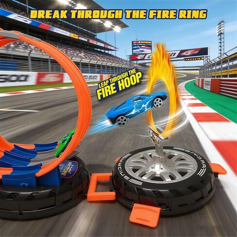 Race Car Track Set for Kids Ages 3-8，Transformable Tire Storage & Portable Handle into Race Course, Racing Toy Playset Birthday Gift for Kids Boys Girls in Kuwait