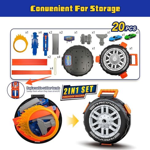 Race Car Track Set for Kids Ages 3-8，Transformable Tire Storage & Portable Handle into Race Course, Racing Toy Playset Birthday Gift for Kids Boys Girls in Kuwait