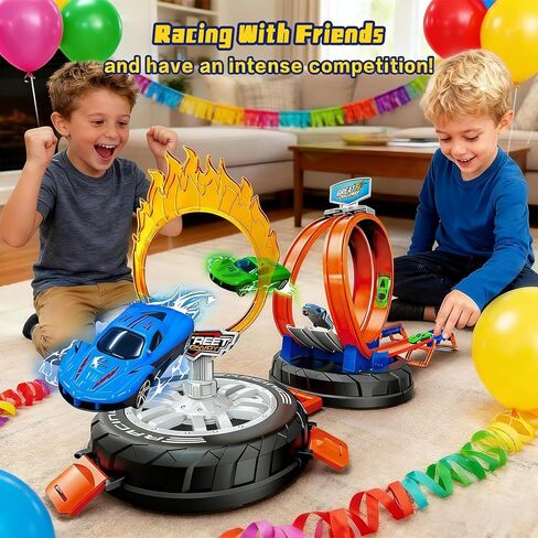Race Car Track Set for Kids Ages 3-8，Transformable Tire Storage & Portable Handle into Race Course, Racing Toy Playset Birthday Gift for Kids Boys Girls in Kuwait
