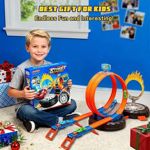 Race Car Track Set for Kids Ages 3-8，Transformable Tire Storage & Portable Handle into Race Course, Racing Toy Playset Birthday Gift for Kids Boys Girls in Kuwait