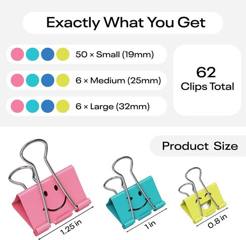 Optomni Binder Clips، 62 حزمة، أحجام متنوعة - صغيرة ومتوسطة وكبيرة، مشابك ورق معدنية ملونة للمكتب والمدرسة والمستندات والملفات والتنظيم in Kuwait