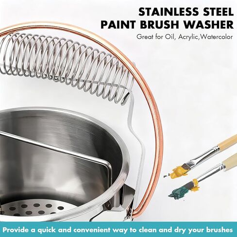 Jumbo Stainless Steel Brush Washer - Multi-Purpose Paint Brush Cleaner with Spiral Holder, Removable Sediment Grate & Handle - Compatible with Water, Turpentine, Paint Thinners in Kuwait