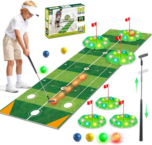 VATOS Kids Golf Toy Set - Light Up Golf Game with 6.5ft Putting Mat, Golf Putter, 3 Holes, 4 Balls (2 Glow Balls), Indoor Outdoor Yard Family Glofer Game, Birthday Gifts for Boys Girls Ages 3-8 in Kuwait