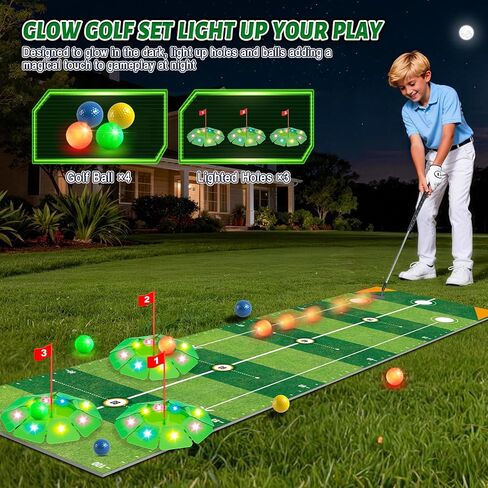 VATOS Kids Golf Toy Set - Light Up Golf Game with 6.5ft Putting Mat, Golf Putter, 3 Holes, 4 Balls (2 Glow Balls), Indoor Outdoor Yard Family Glofer Game, Birthday Gifts for Boys Girls Ages 3-8 in Kuwait