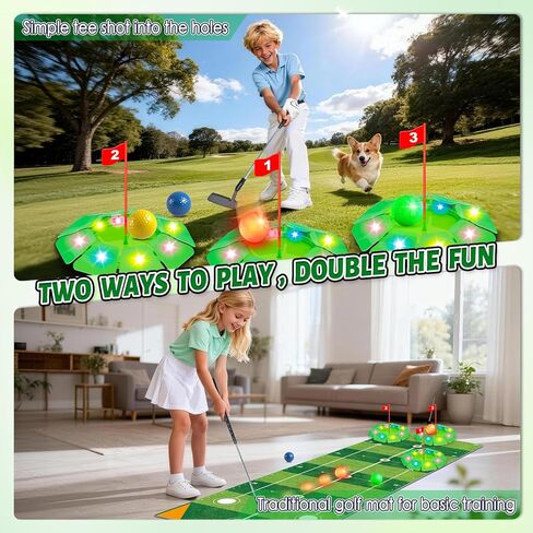 VATOS Kids Golf Toy Set - Light Up Golf Game with 6.5ft Putting Mat, Golf Putter, 3 Holes, 4 Balls (2 Glow Balls), Indoor Outdoor Yard Family Glofer Game, Birthday Gifts for Boys Girls Ages 3-8 in Kuwait