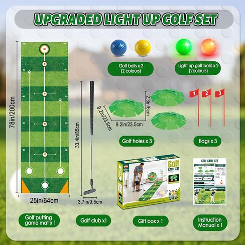 VATOS Kids Golf Toy Set - Light Up Golf Game with 6.5ft Putting Mat, Golf Putter, 3 Holes, 4 Balls (2 Glow Balls), Indoor Outdoor Yard Family Glofer Game, Birthday Gifts for Boys Girls Ages 3-8 in Kuwait
