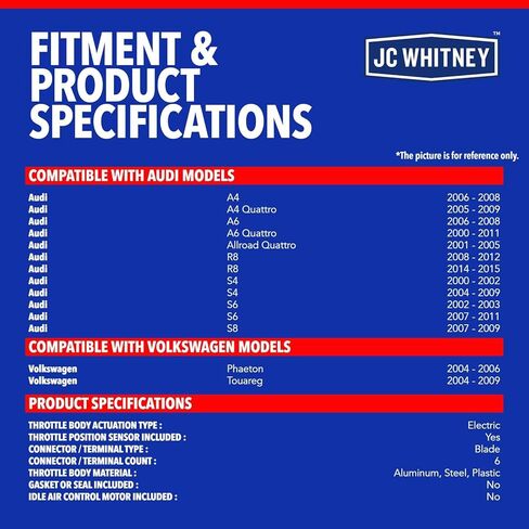 JC Whitney JFBAJCWTHB00245 جسم خانق إلكتروني - متوافق مع Audi A4 A6 2006-2008، A4 Quattro 2005-2009، A6 Quattro 2000-2011، Volkswagen Touareg 2004-2009 - 2.7L 3.2L 4.2L 5.2L in Kuwait