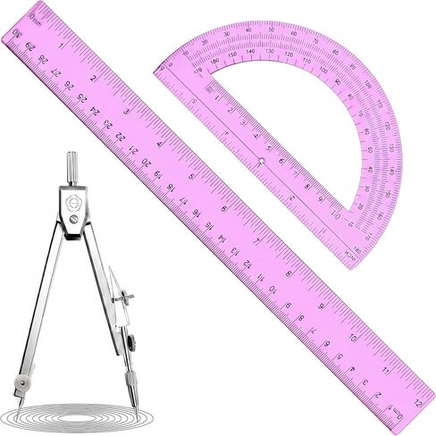Zonon 3 Pcs Geometric Math Set, Drawing Compass, 6 Inch Protractor and Plastic Clear Ruler Transparent Drawing Supplies for School Classroom Home Office Use(Clear,12 Inch) in Saudi Arabia